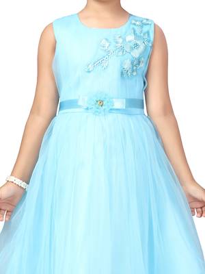 Turquoise embroidered net kids-girl-gowns 5