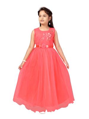 Red embroidered net kids-girl-gowns 1