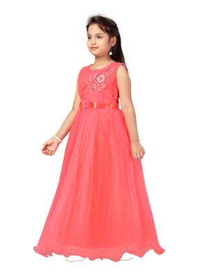 Red embroidered net kids-girl-gowns 3
