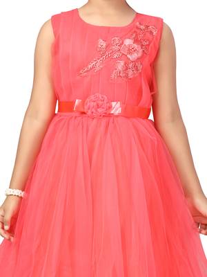 Red embroidered net kids-girl-gowns 5