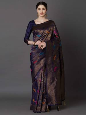 Dark Blue Woven Blended Silk Saree With Blouse 1
