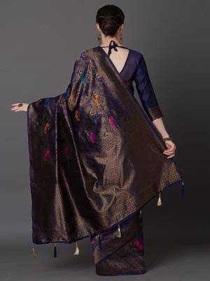 Dark Blue Woven Blended Silk Saree With Blouse 2