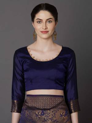 Dark Blue Woven Blended Silk Saree With Blouse 3