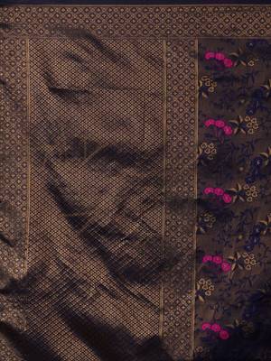 Dark Blue Woven Blended Silk Saree With Blouse 4