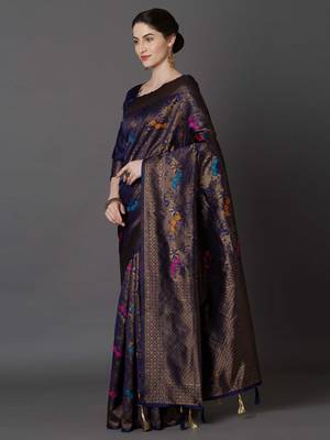 Dark Blue Woven Blended Silk Saree With Blouse 5