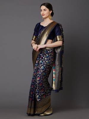 Dark Blue Woven Blended Silk Saree With Blouse 1