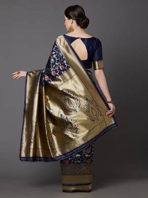 Dark Blue Woven Blended Silk Saree With Blouse 3