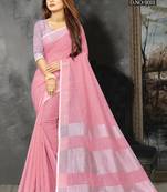 Pink Woven Linen Saree With Blouse