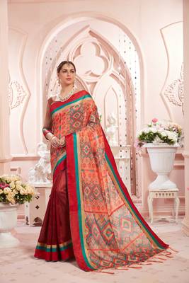 red manipuri silk printed   saree with   blouse 1