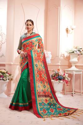 green manipuri silk printed   saree with   blouse 1