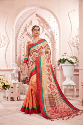 Orange manipuri silk printed   saree with   blouse 1
