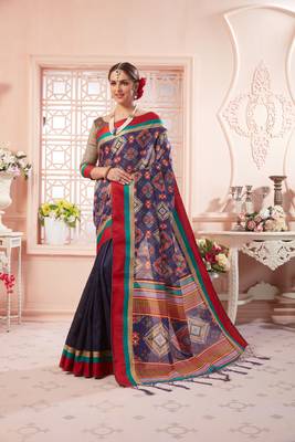 dark royal blue manipuri silk printed   saree with   blouse 1