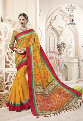 mustard manipuri silk printed   saree with   blouse 1