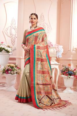 Cream manipuri silk printed   saree with   blouse 1