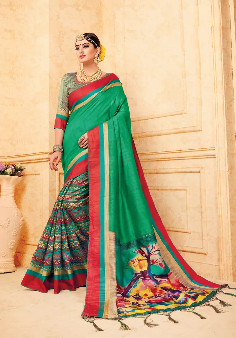 green manipuri silk printed   saree with   blouse