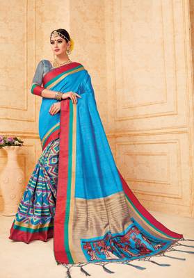 sky blue manipuri silk printed   saree with   blouse 1