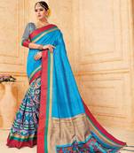 sky blue manipuri silk printed   saree with   blouse