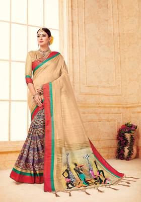 cream manipuri silk printed   saree with   blouse 1