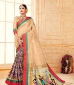 cream manipuri silk printed   saree with   blouse