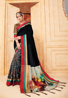 black manipuri silk printed   saree with   blouse 1