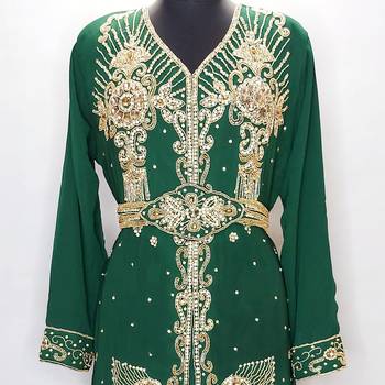 Dark Green Moroccan Kaftan With Sun-proof hijab 2