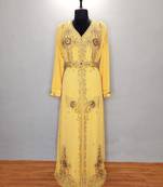 Yellow luxurious Moroccan Kaftan	With Sun-proof hijab.