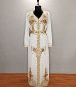 off white luxurious Moroccan Kaftan with Sun-proof hijab.
