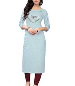 Turquoise embroidered cotton cotton-kurtis