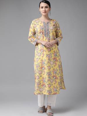 Yellow printed cotton kurtas-and-kurtis 1