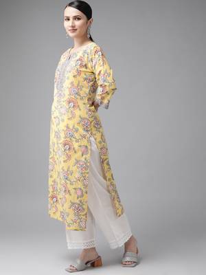 Yellow printed cotton kurtas-and-kurtis 2