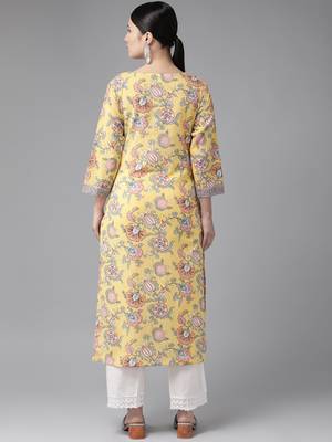 Yellow printed cotton kurtas-and-kurtis 3
