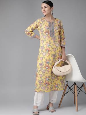 Yellow printed cotton kurtas-and-kurtis 5
