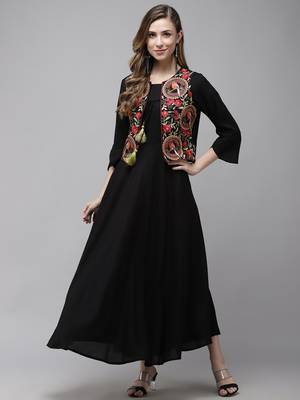 Black plain viscose rayon maxi-dresses 1