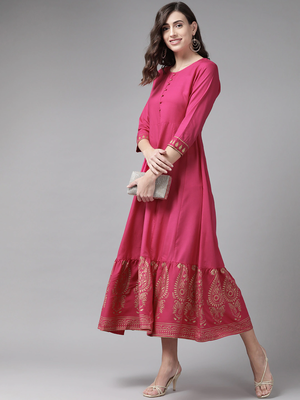Pink printed viscose rayon maxi-dresses 5
