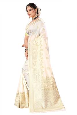 White woven jacquard saree with blouse 3