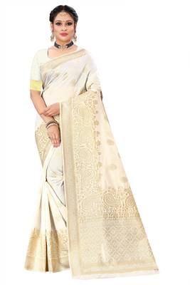 White woven jacquard saree with blouse 4