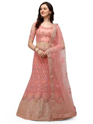 Pink embroidered net semi stitched lehenga 1