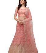 Pink embroidered net semi stitched lehenga