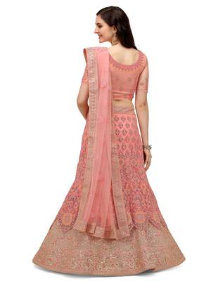 Pink embroidered net semi stitched lehenga 2