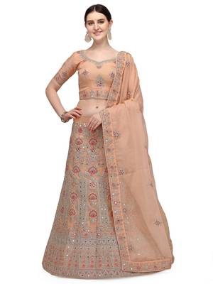 Peach embroidered organza semi stitched lehenga 1