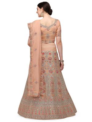 Peach embroidered organza semi stitched lehenga 2