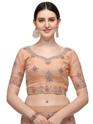 Peach embroidered organza semi stitched lehenga 3