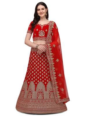 Red embroidered velvet semi stitched lehenga 1