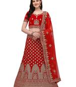 Red embroidered velvet semi stitched lehenga