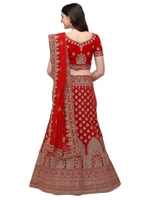 Red embroidered velvet semi stitched lehenga 2