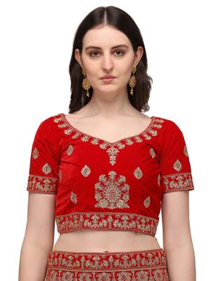 Red embroidered velvet semi stitched lehenga 3