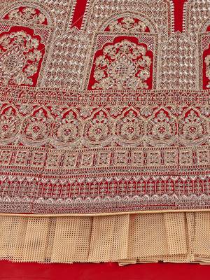 Red embroidered velvet semi stitched lehenga 4