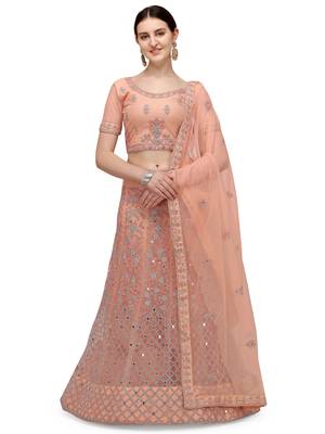 Peach embroidered net semi stitched lehenga 1