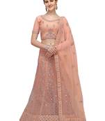 Peach embroidered net semi stitched lehenga