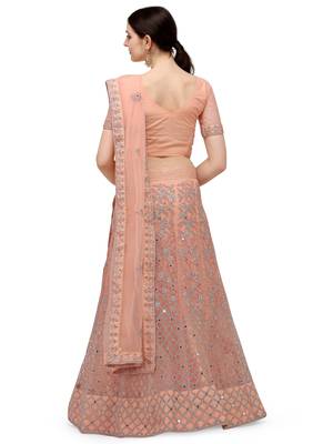 Peach embroidered net semi stitched lehenga 2